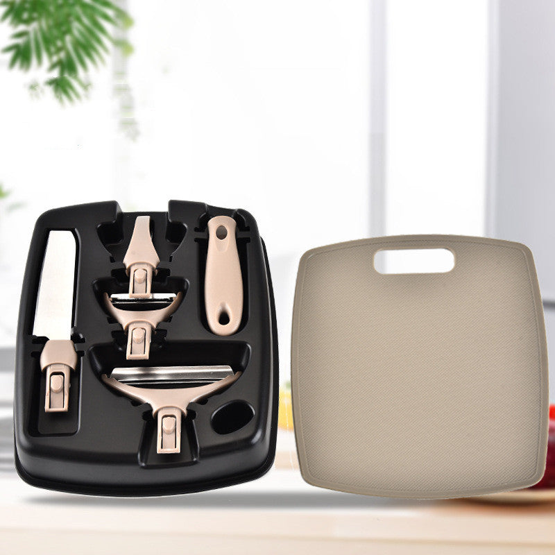 Three-piece stainless steel cutter set with wheat straw chopping board and peeler.