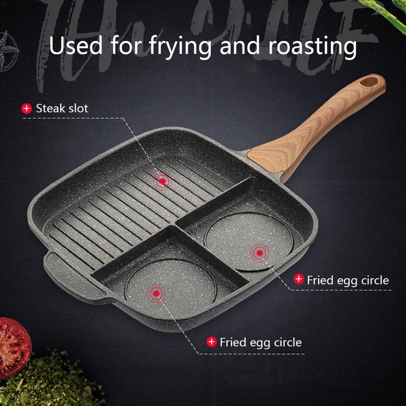 Non-stick Maifanshi pan with separated areas for frying steak and making omelettes.