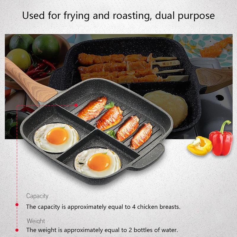 Non-stick Maifanshi pan with separated areas for frying steak and making omelettes.