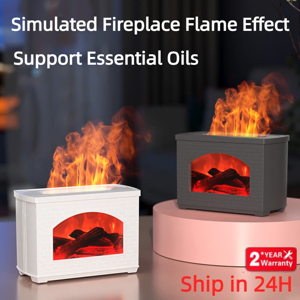 Cozy simulated fireplace humidifier with flame effect and aroma diffuser.