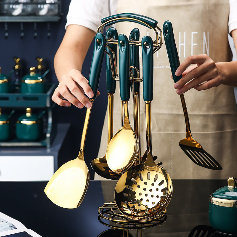 7-piece stainless steel and silicone kitchen cooking utensil set.