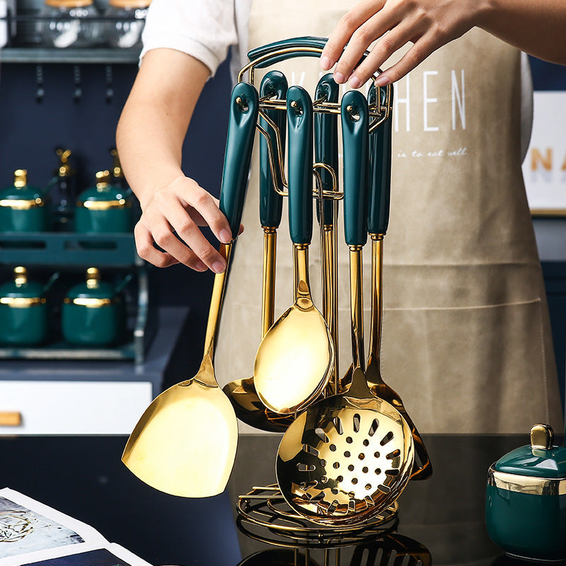 7-piece stainless steel and silicone kitchen cooking utensil set.