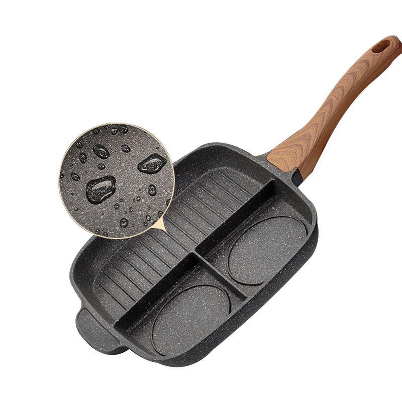 Non-stick Maifanshi pan with separated areas for frying steak and making omelettes.