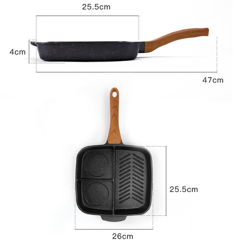 Non-stick Maifanshi pan with separated areas for frying steak and making omelettes.