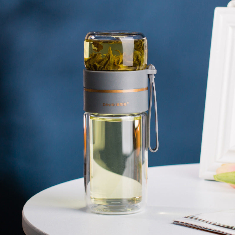 Leakproof, double-wall glass water bottle with tea infuser filter.