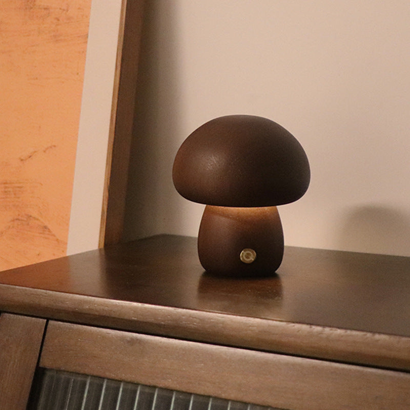 Cute wooden mushroom LED night light with touch switch for children's room.