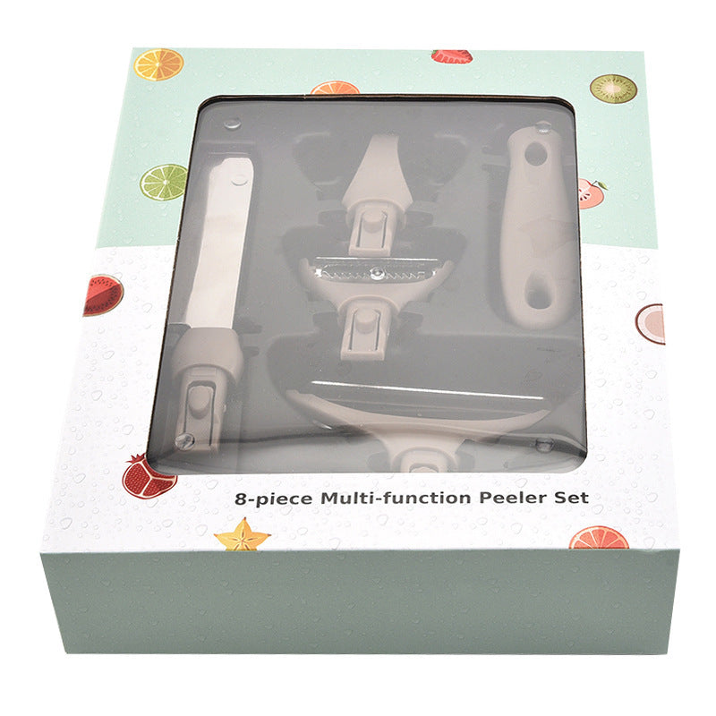 Three-piece stainless steel cutter set with wheat straw chopping board and peeler.