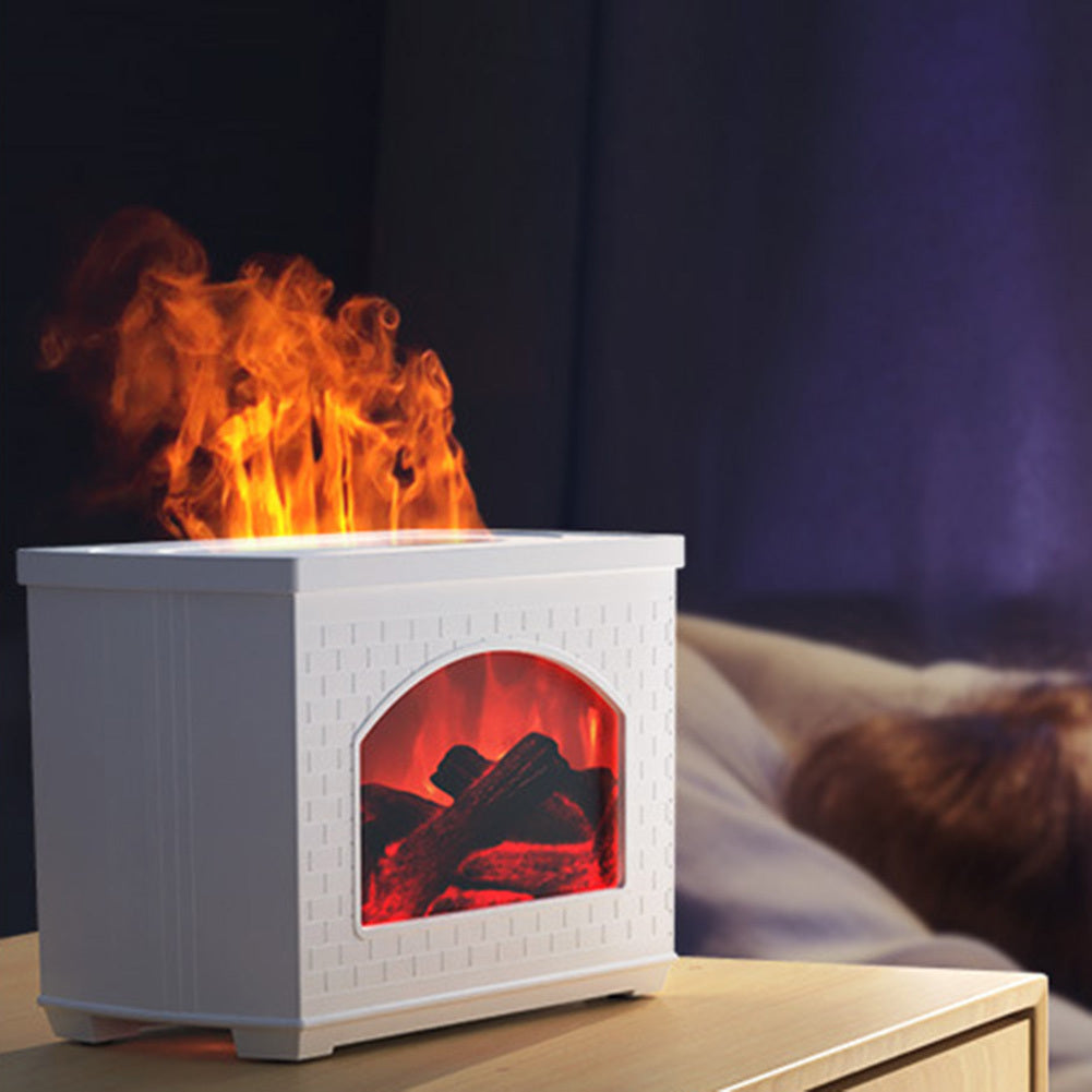 Cozy simulated fireplace humidifier with flame effect and aroma diffuser.
