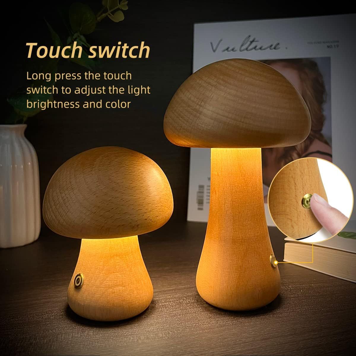 Cute wooden mushroom LED night light with touch switch for children's room.