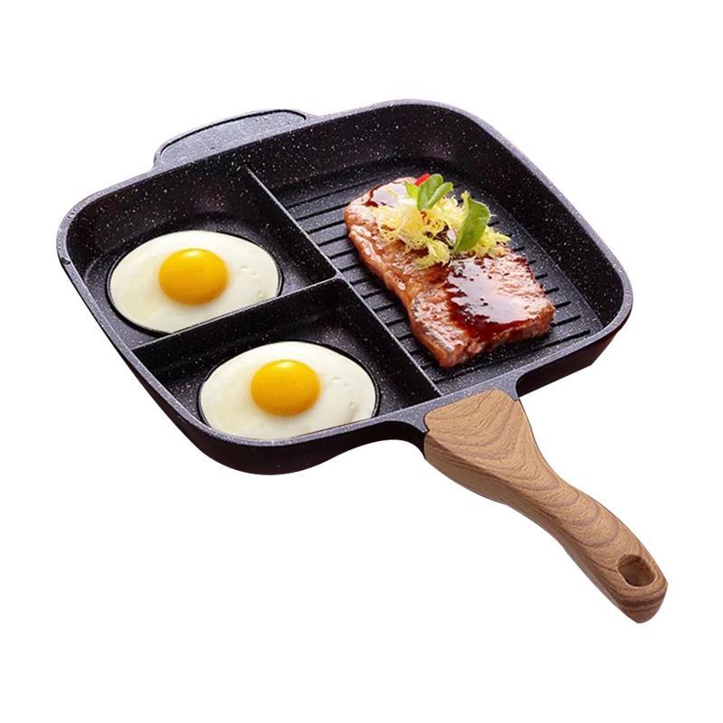 Non-stick Maifanshi pan with separated areas for frying steak and making omelettes.