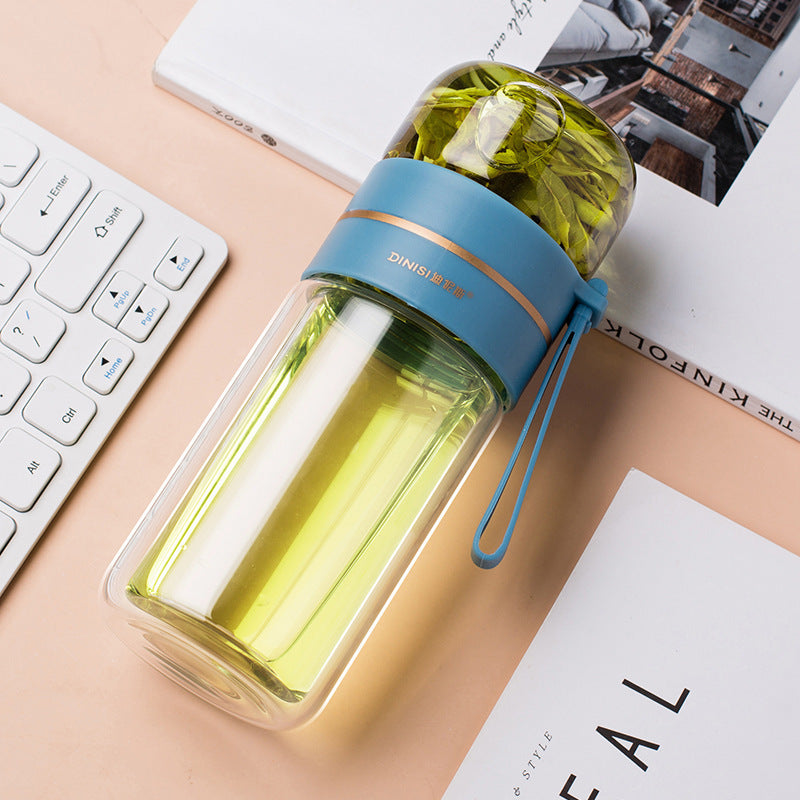 Leakproof, double-wall glass water bottle with tea infuser filter.