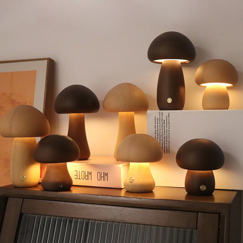 Cute wooden mushroom LED night light with touch switch for children's room.
