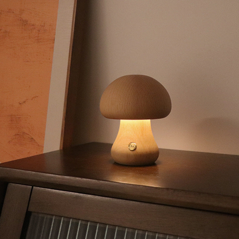 Cute wooden mushroom LED night light with touch switch for children's room.