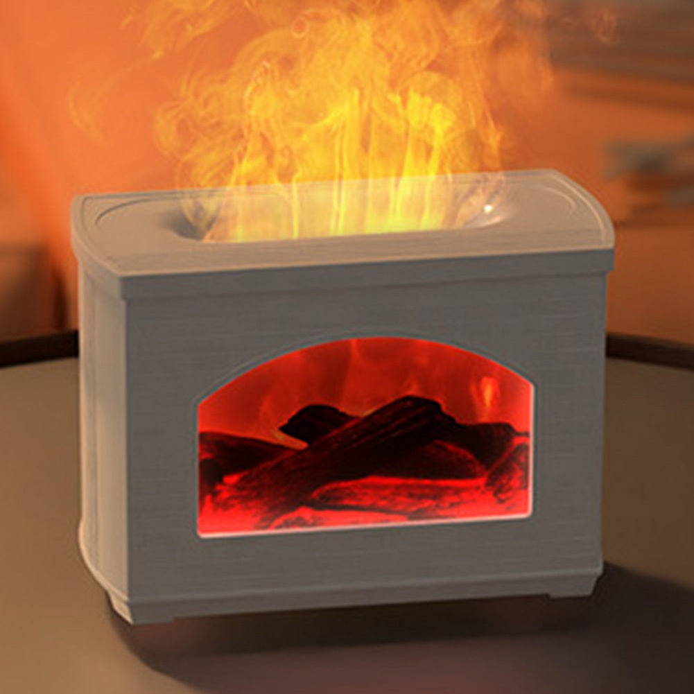 Cozy simulated fireplace humidifier with flame effect and aroma diffuser.