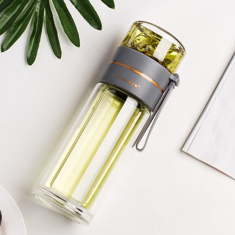 Leakproof, double-wall glass water bottle with tea infuser filter.