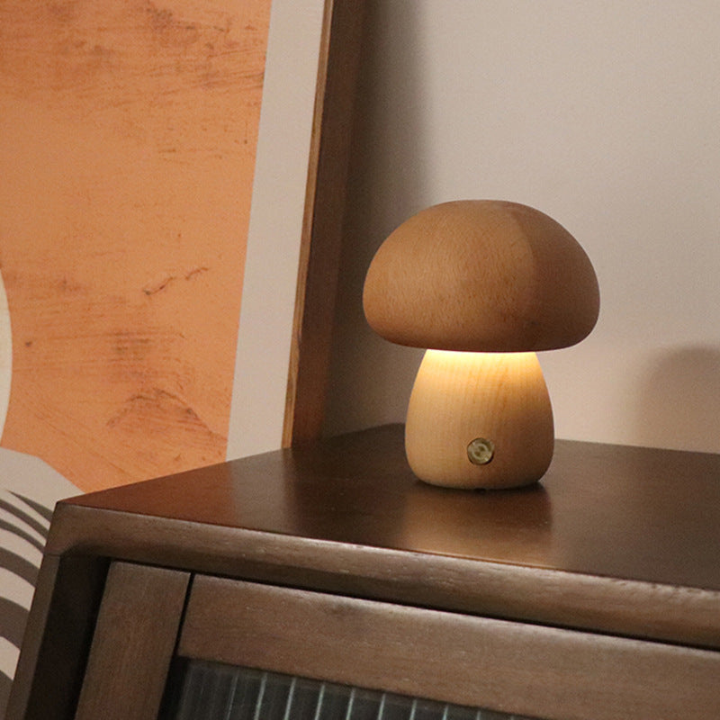 Cute wooden mushroom LED night light with touch switch for children's room.