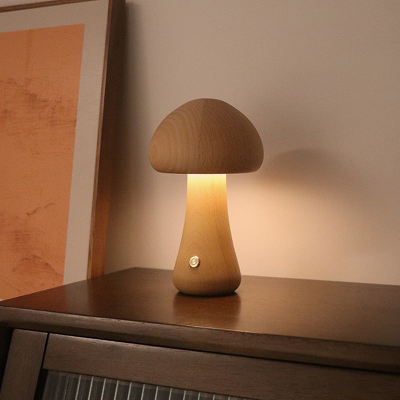 Cute wooden mushroom LED night light with touch switch for children's room.