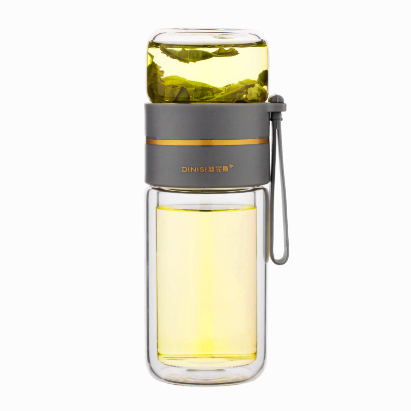 Leakproof, double-wall glass water bottle with tea infuser filter.