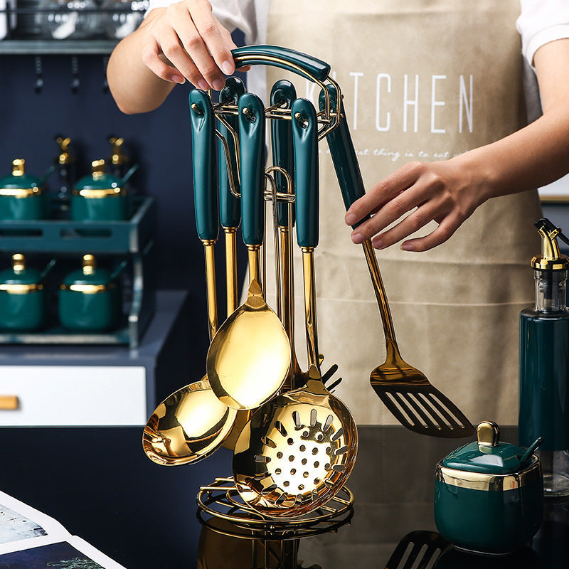 7-piece stainless steel and silicone kitchen cooking utensil set.