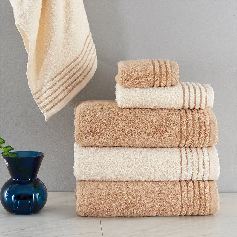 Absorbent cotton bath towel set in beige and brown colors