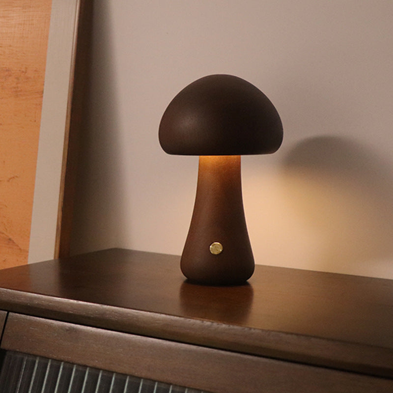 Cute wooden mushroom LED night light with touch switch for children's room.