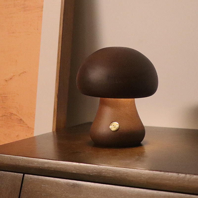Cute wooden mushroom LED night light with touch switch for children's room.