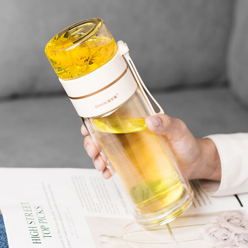 Leakproof, double-wall glass water bottle with tea infuser filter.
