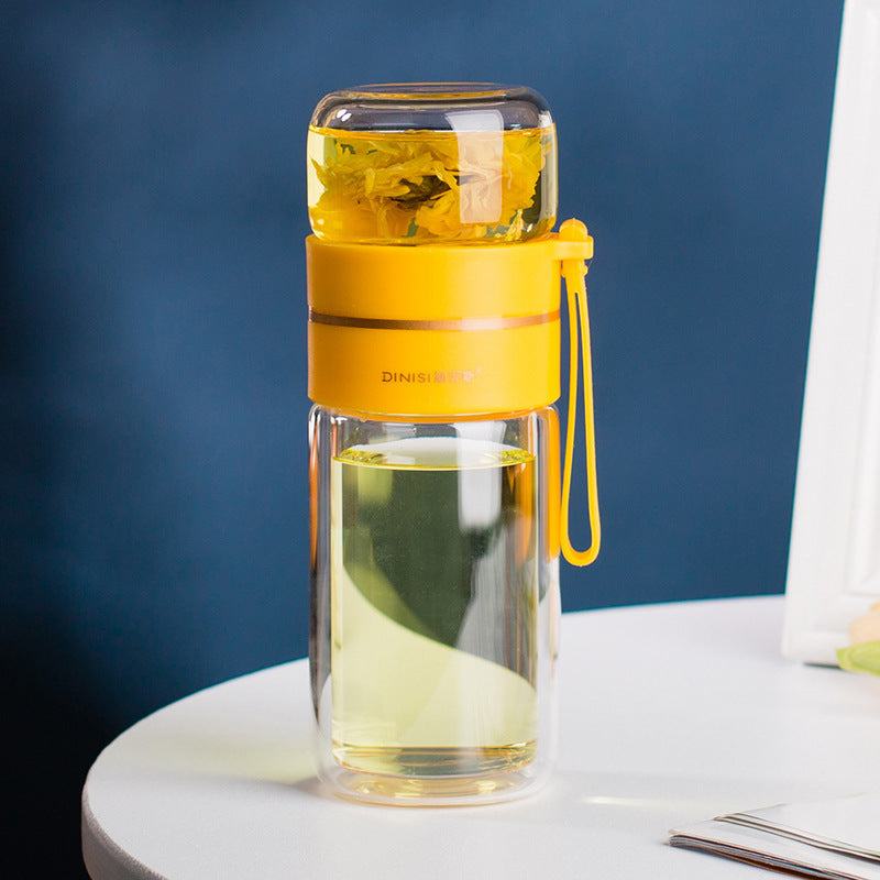 Leakproof, double-wall glass water bottle with tea infuser filter.