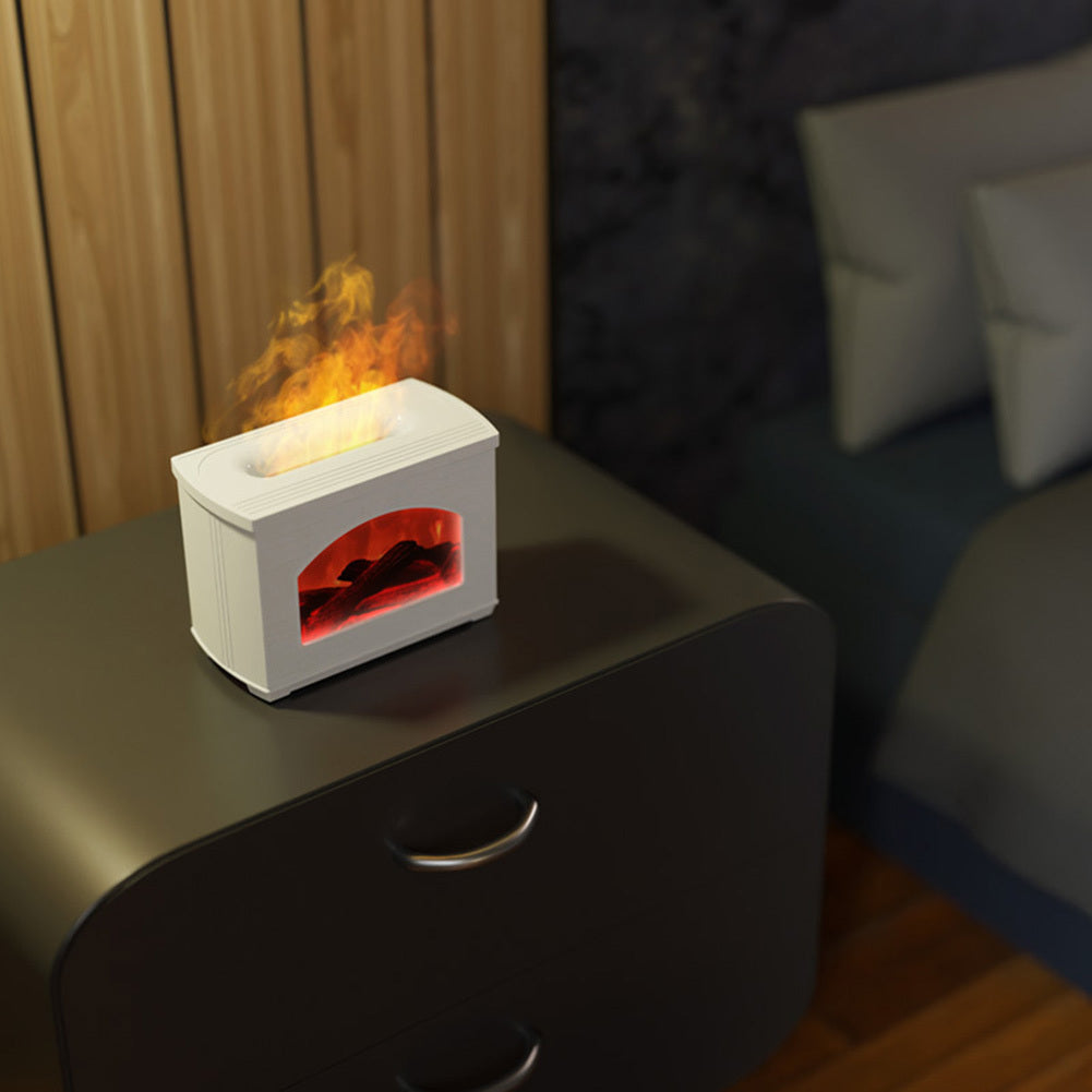 Cozy simulated fireplace humidifier with flame effect and aroma diffuser.