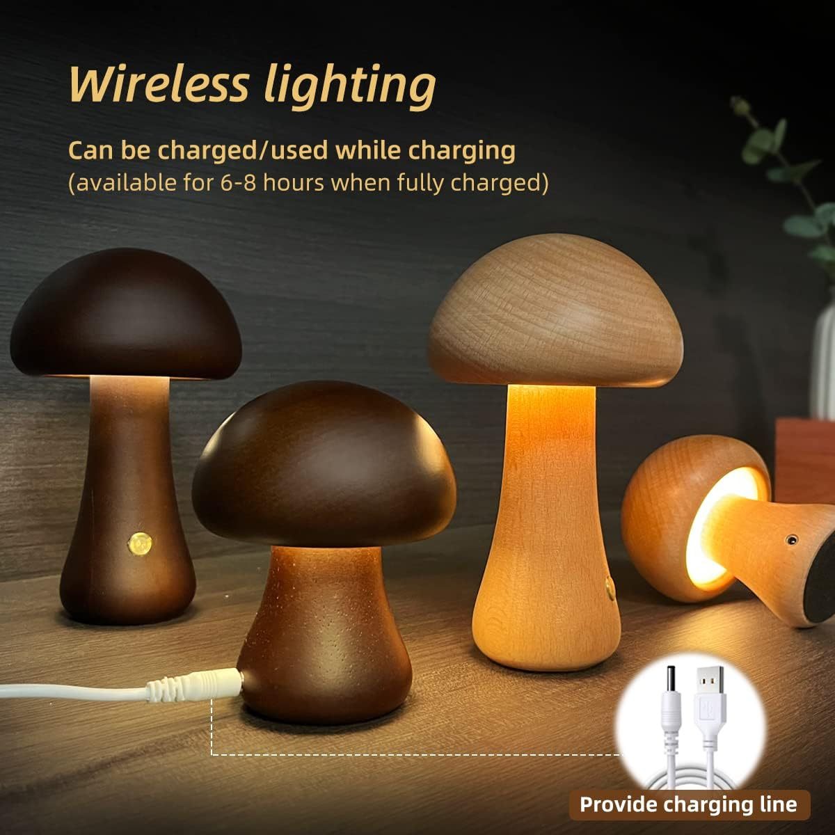 Cute wooden mushroom LED night light with touch switch for children's room.