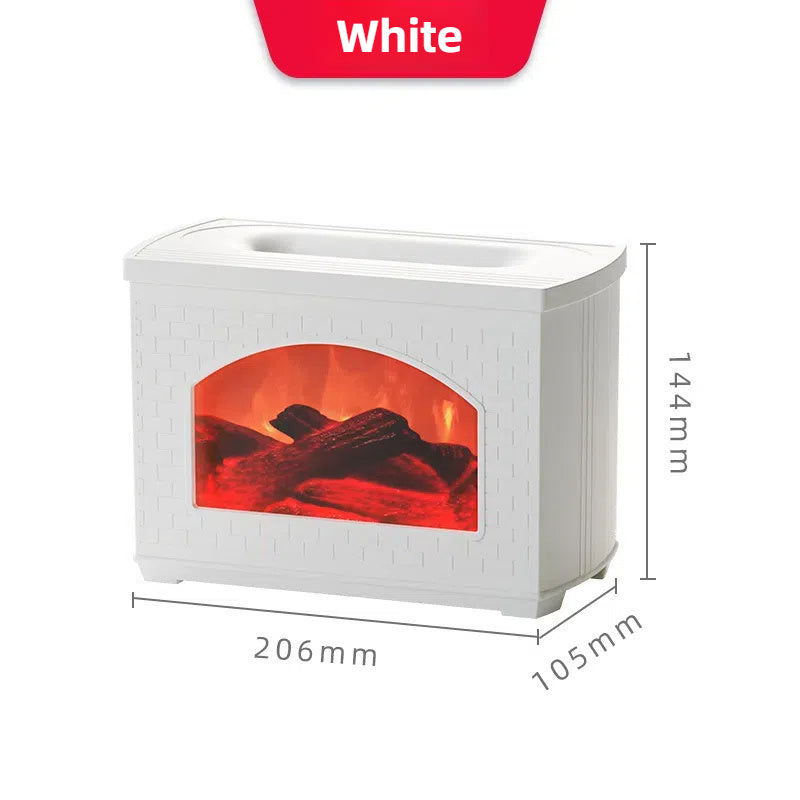 Cozy simulated fireplace humidifier with flame effect and aroma diffuser.