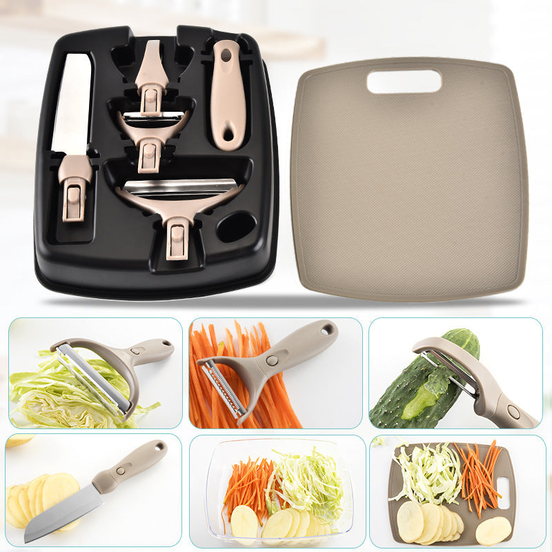 Three-piece stainless steel cutter set with wheat straw chopping board and peeler.