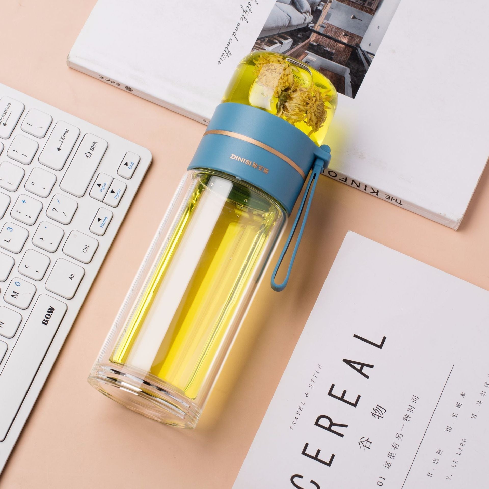 Leakproof, double-wall glass water bottle with tea infuser filter.