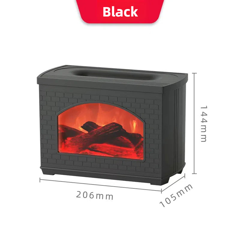 Cozy simulated fireplace humidifier with flame effect and aroma diffuser.