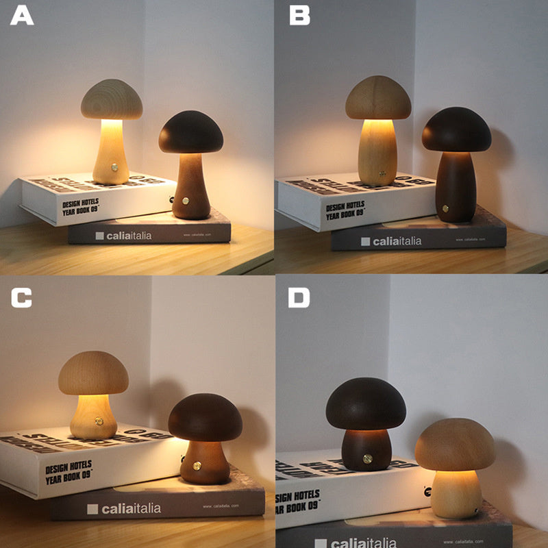 Cute wooden mushroom LED night light with touch switch for children's room.